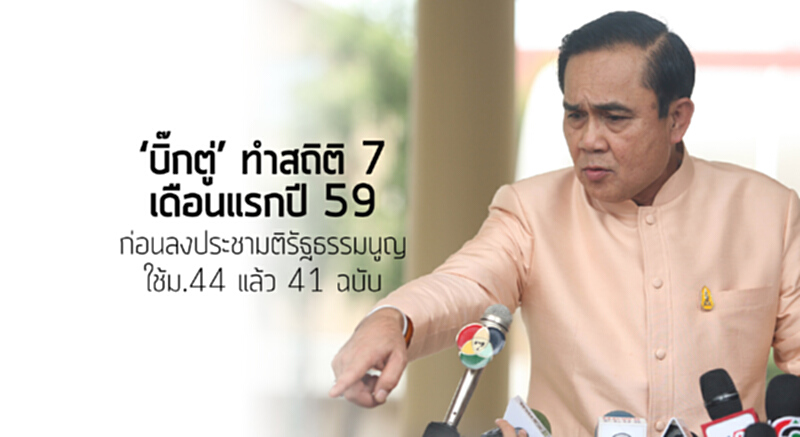 ‘บิ๊กตู่’ ทำสถิติ 7 เดือนแรกปี 59 ก่อนลงประชามติ รัฐธรรมนูญใช้ม.44 แล้ว 41 ฉบับ ‘บิ๊กตู่’ ทำสถิติ 7 เดือนแรกปี 59 ก่อนลงประชามติ รัฐธรรมนูญใช้ม.44 แล้ว 41 ฉบับ