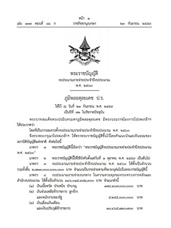 โปรดเกล้าฯพ.ร.บ.งบประมาณรายจ่ายปี 60 วงเงิน 2.733 ล้านล้านบาท โปรดเกล้าฯพ.ร.บ.งบประมาณรายจ่ายปี 60 วงเงิน 2.733 ล้านล้านบาท