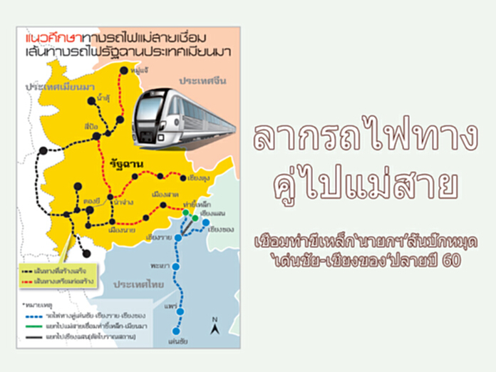 ลากรถไฟทางคู่ ไปแม่สาย เชื่อมท่าขี้เหล็ก ‘นายกฯ’ ลั่นปักหมุด ‘เด่นชัย-เชียงของ’ ปลายปี 60 ลากรถไฟทางคู่ ไปแม่สาย เชื่อมท่าขี้เหล็ก ‘นายกฯ’ ลั่นปักหมุด ‘เด่นชัย-เชียงของ’ ปลายปี 60