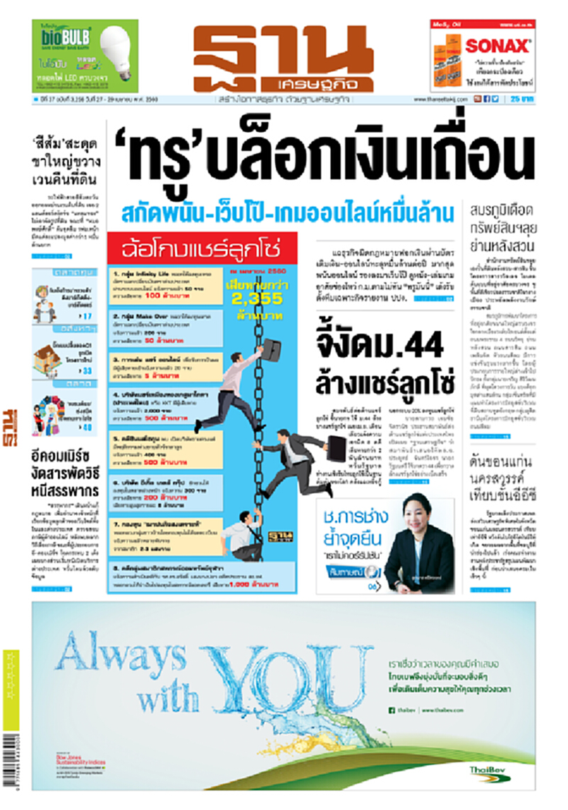 หน้าหนึ่ง! หนังสือพิมพ์ฐานเศรษฐกิจ ปีที่ 37 ฉบับที่ 3,256 วันที่ 27 – 29 เมษายน พ.ศ. 2560 หน้าหนึ่ง! หนังสือพิมพ์ฐานเศรษฐกิจ ปีที่ 37 ฉบับที่ 3,256 วันที่ 27 – 29 เมษายน พ.ศ. 2560