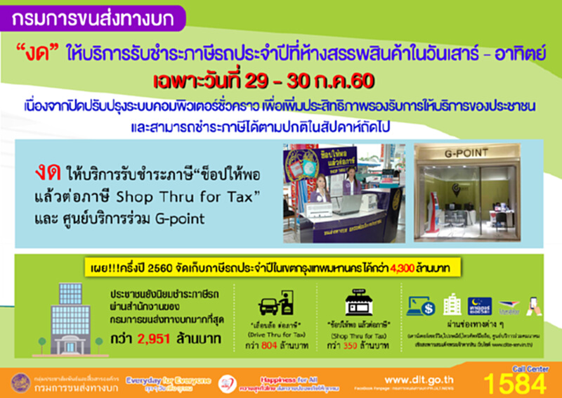 ขนส่งแจ้งงดรับชำระภาษีรถที่ห้างสรรพสินค้าเสาร์ 29-อาทิตย์ 30 ก.ค.นี้ ขนส่งแจ้งงดรับชำระภาษีรถที่ห้างสรรพสินค้าเสาร์ 29-อาทิตย์ 30 ก.ค.นี้