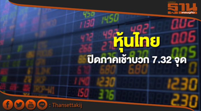 หุ้นไทยปิดภาคเช้าเพิ่มขึ้น 7.32 จุด หุ้นไทยปิดภาคเช้าเพิ่มขึ้น 7.32 จุด