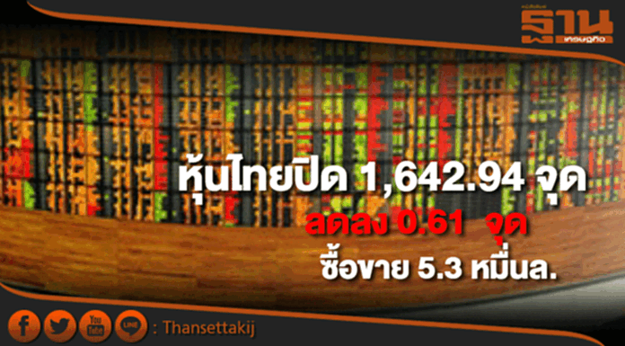หุ้นไทยปิดที่ 1,642.94 จุด ลดลง 0.61 จุด ซื้อขาย 5.3 หมื่นล้าน หุ้นไทยปิดที่ 1,642.94 จุด ลดลง 0.61 จุด ซื้อขาย 5.3 หมื่นล้าน