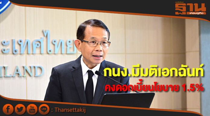 กนง.มีมติเอกฉันท์ให้คงอัตราดอกเบี้ยนโยบายที่ 1.50% ตามคาด กนง.มีมติเอกฉันท์ให้คงอัตราดอกเบี้ยนโยบายที่ 1.50% ตามคาด