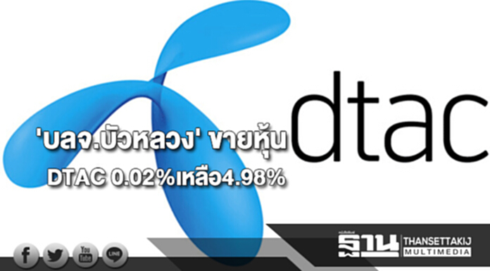 'บลจ.บัวหลวง' ตัดขายหุ้น DTAC ออก 0.02% เหลือ 4.98% 'บลจ.บัวหลวง' ตัดขายหุ้น DTAC ออก 0.02% เหลือ 4.98%