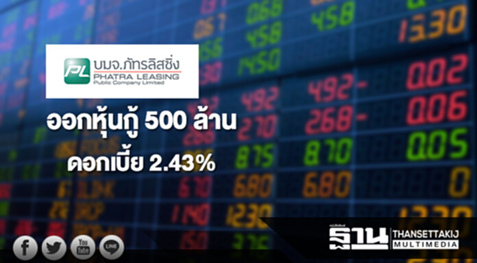 'ภัทรลิสซิ่ง' ออกหุ้นกู้ 500 ล้าน ดอกเบี้ย 2.43% 'ภัทรลิสซิ่ง' ออกหุ้นกู้ 500 ล้าน ดอกเบี้ย 2.43%