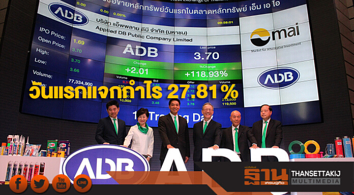 หุ้นน้องใหม่ ADB ผลิตกาว-ยาแนว ปิดวันแรกแจกกำไร 27.81% หุ้นน้องใหม่ ADB ผลิตกาว-ยาแนว ปิดวันแรกแจกกำไร 27.81%