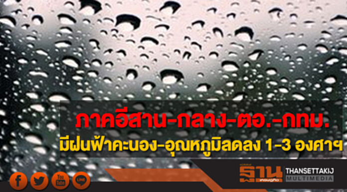 ภาคเหนือ ภาคอีสาน ภาคกลาง ภาคตอ. รวมทั้งกทม.มีฝนฟ้าคะนอง อุณหภูมิจะลดลง 1-3 องศาเซลเซียส ภาคเหนือ ภาคอีสาน ภาคกลาง ภาคตอ. รวมทั้งกทม.มีฝนฟ้าคะนอง อุณหภูมิจะลดลง 1-3 องศาเซลเซียส