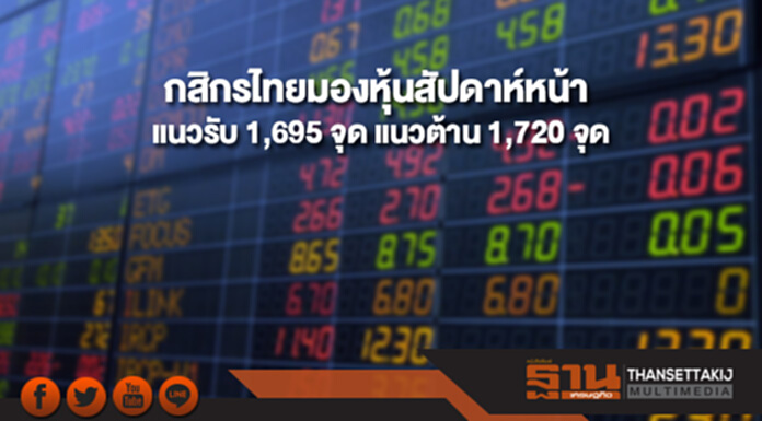 บล.กสิกรไทยมองดัชนีหุ้นไทยสัปดาห์หน้า(11-15 ธ.ค.) มีแนวรับที่ 1,695 และแนวต้านที่ 1,720 จุด บล.กสิกรไทยมองดัชนีหุ้นไทยสัปดาห์หน้า(11-15 ธ.ค.) มีแนวรับที่ 1,695 และแนวต้านที่ 1,720 จุด