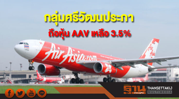 'กลุ่มศรีวัฒนประภา' ถือหุ้น AAV เหลือ 3.5% หลังขายให้ "ธรรศพลฐ์" 36.3% 'กลุ่มศรีวัฒนประภา' ถือหุ้น AAV เหลือ 3.5% หลังขายให้ "ธรรศพลฐ์" 36.3%