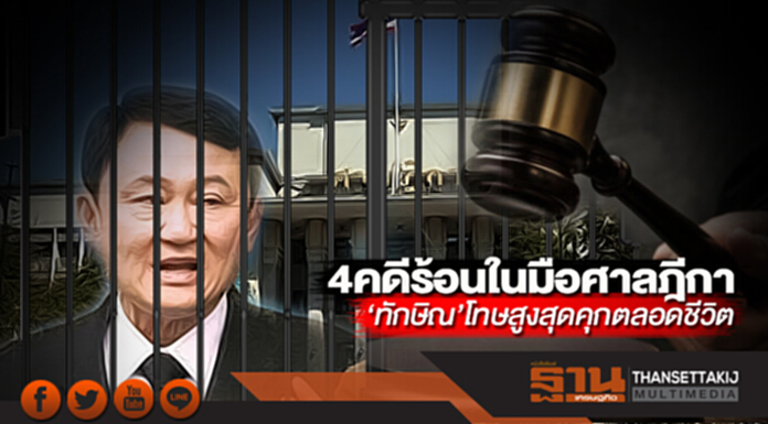 4คดีร้อนในมือศาลฎีกา ‘ทักษิณ’โทษสูงสุดคุกตลอดชีวิต 4คดีร้อนในมือศาลฎีกา ‘ทักษิณ’โทษสูงสุดคุกตลอดชีวิต
