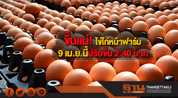 ขึ้นแน่! ไข่ไก่หน้าฟาร์ม 9 เม.ย.นี้ ปรับขึ้น 2.40 บาท ขึ้นแน่! ไข่ไก่หน้าฟาร์ม 9 เม.ย.นี้ ปรับขึ้น 2.40 บาท