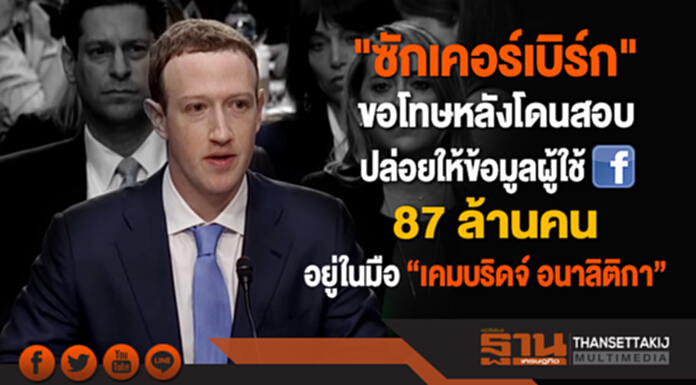 "ซักเคอร์เบิร์ก" ขอโทษหลังโดนสอบ ปล่อยให้ข้อมูลผู้ใช้เฟซบุ๊ก 87 ล้านคน อยู่ในมือ "เคมบริดจ์ อนาลิติกา" "ซักเคอร์เบิร์ก" ขอโทษหลังโดนสอบ ปล่อยให้ข้อมูลผู้ใช้เฟซบุ๊ก 87 ล้านคน อยู่ในมือ "เคมบริดจ์ อนาลิติกา"
