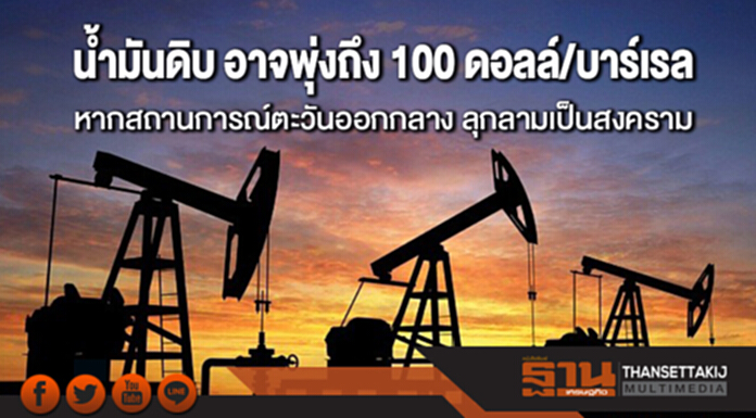 ราคาน้ำมันดิบ อาจพุ่งถึง 100 ดอลล์/บาร์เรล หากสถานการณ์ตะวันออกกลางลุกลามเป็นสงคราม ราคาน้ำมันดิบ อาจพุ่งถึง 100 ดอลล์/บาร์เรล หากสถานการณ์ตะวันออกกลางลุกลามเป็นสงคราม