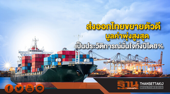 ส่งออกไทยขยายตัวดีมูลค่าพุ่งสูงสุดเป็นประวัติการณ์มั่นใจทั้งปีโต8% ส่งออกไทยขยายตัวดีมูลค่าพุ่งสูงสุดเป็นประวัติการณ์มั่นใจทั้งปีโต8%