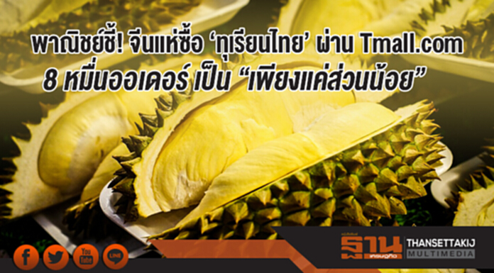 พาณิชย์ชี้! จีนแห่ซื้อ 'ทุเรียนไทย' ผ่าน Tmall.com 8 หมื่นออเดอร์ เป็น "เพียงแค่ส่วนน้อย" พาณิชย์ชี้! จีนแห่ซื้อ 'ทุเรียนไทย' ผ่าน Tmall.com 8 หมื่นออเดอร์ เป็น "เพียงแค่ส่วนน้อย"