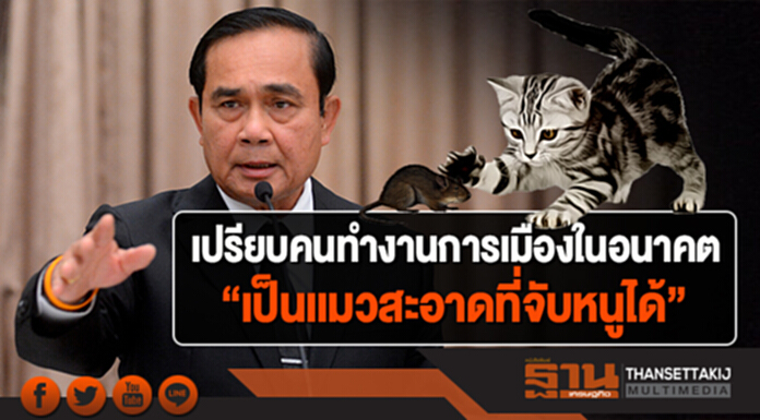 "ประยุทธ์" เเจงข่าว "ดูด ส.ส." เปรียบคนทำงานการเมืองในอนาคต “เป็นเเมวสะอาดที่จับหนูได้” "ประยุทธ์" เเจงข่าว "ดูด ส.ส." เปรียบคนทำงานการเมืองในอนาคต “เป็นเเมวสะอาดที่จับหนูได้”