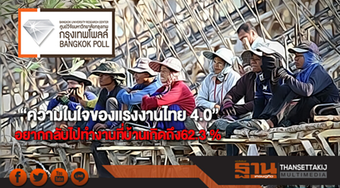 ผลสำรวจ“ความในใจของแรงงานไทย 4.0”อยากกลับไปทำงานที่บ้านเกิดถึง62.3 % ผลสำรวจ“ความในใจของแรงงานไทย 4.0”อยากกลับไปทำงานที่บ้านเกิดถึง62.3 %