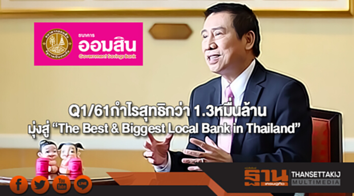 ออมสินชี้Q1/61กำไรสุทธิกว่า 1.3หมื่นล้านมุ่งสู่“The Best & Biggest Local Bank in Thailand” ออมสินชี้Q1/61กำไรสุทธิกว่า 1.3หมื่นล้านมุ่งสู่“The Best & Biggest Local Bank in Thailand”