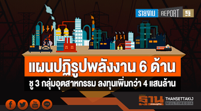 แผนปฏิรูปพลังงาน 6 ด้าน ชู 3 กลุ่มอุตสาหกรรม ลงทุนเพิ่มกว่า 4 แสนล้าน แผนปฏิรูปพลังงาน 6 ด้าน ชู 3 กลุ่มอุตสาหกรรม ลงทุนเพิ่มกว่า 4 แสนล้าน