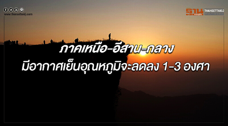 ภาคเหนือ ภาคอีสาน และภาคกลาง มีอากาศเย็น อุณหภูมิจะลดลง 1-3 องศาฯ ภาคเหนือ ภาคอีสาน และภาคกลาง มีอากาศเย็น อุณหภูมิจะลดลง 1-3 องศาฯ