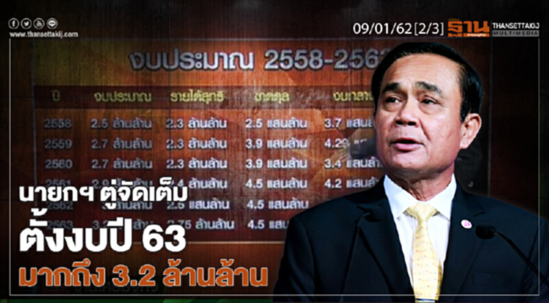 ชั่วโมงฐานเศรษฐกิจ 09/01/62 : นายกฯ ตู่จัดเต็มตั้งงบปี 63 มากถึง 3.2 ล้านล้าน ชั่วโมงฐานเศรษฐกิจ 09/01/62 : นายกฯ ตู่จัดเต็มตั้งงบปี 63 มากถึง 3.2 ล้านล้าน