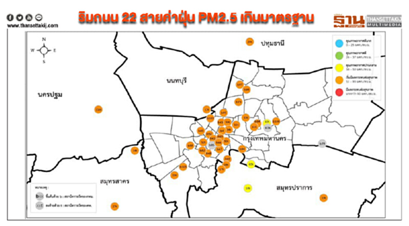 พื้นที่ริมถนน 22 สาย ค่าฝุ่นละออง PM2.5 เกินมาตรฐาน พื้นที่ริมถนน 22 สาย ค่าฝุ่นละออง PM2.5 เกินมาตรฐาน