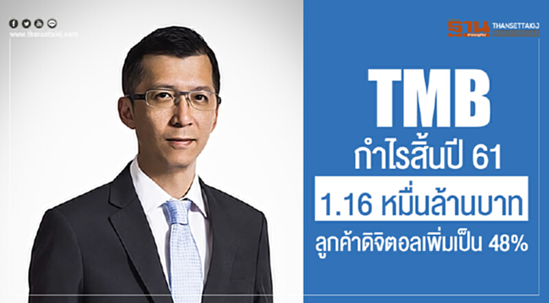 TMB กำไรสิ้นปี 61 ที่ 1.16 หมื่นล้านบาท ลูกค้าดิจิตอลเพิ่มเป็น 48% TMB กำไรสิ้นปี 61 ที่ 1.16 หมื่นล้านบาท ลูกค้าดิจิตอลเพิ่มเป็น 48%