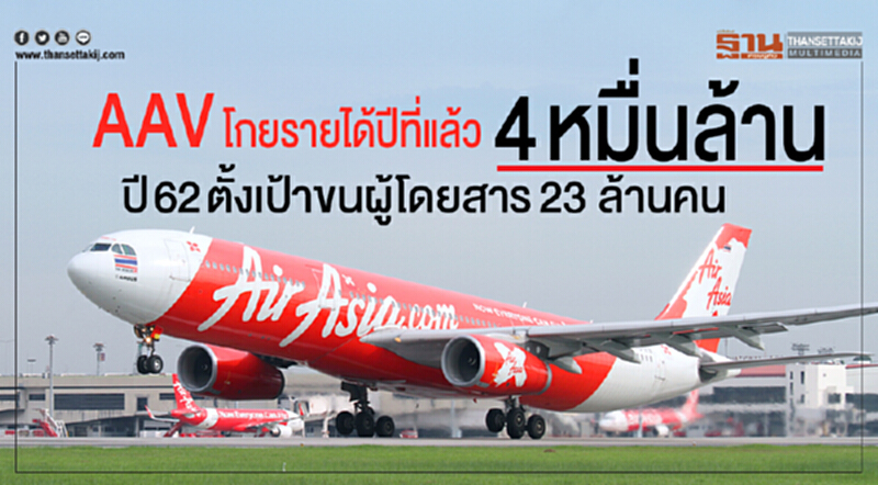"AAV" โกยรายได้ปีที่แล้ว 4 หมื่นล้าน ปี 62 ตั้งเป้าขนผู้โดยสาร 23 ล้านคน "AAV" โกยรายได้ปีที่แล้ว 4 หมื่นล้าน ปี 62 ตั้งเป้าขนผู้โดยสาร 23 ล้านคน