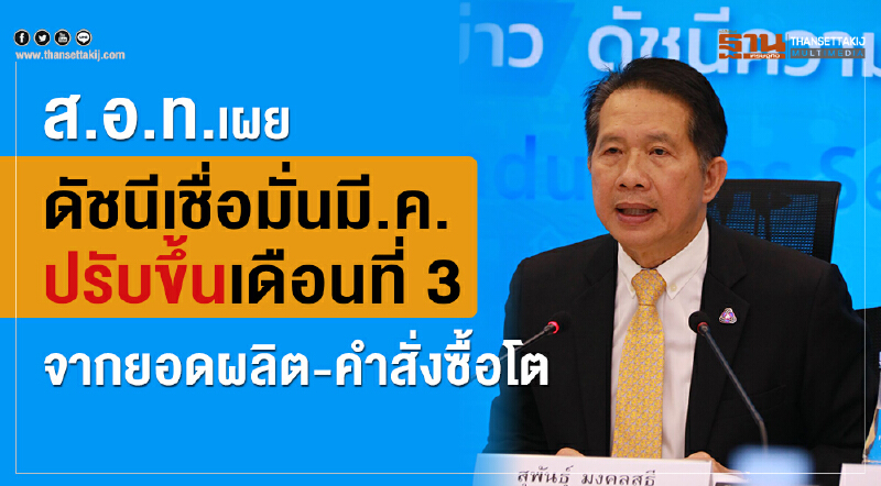 ส.อ.ท.เผยดัชนีเชื่อมั่นมี.ค. ปรับขึ้นเดือนที่ 3 จาก ยอดผลิต-คำสั่งซื้อโต