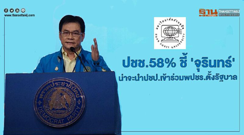 “สวนดุสิตโพล”เผยสำรวจ ปชช.58% ชี้ 'จุรินทร์' น่าจะนำปชป.เข้าร่วมพปชร.ตั้งรัฐบาล “สวนดุสิตโพล”เผยสำรวจ ปชช.58% ชี้ 'จุรินทร์' น่าจะนำปชป.เข้าร่วมพปชร.ตั้งรัฐบาล
