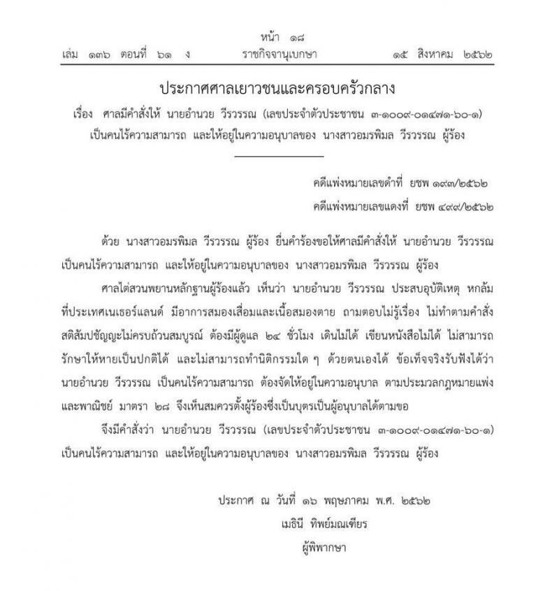  ราชกิจจาฯประกาศ  อดีต 2 รมต. 'อำนวย-อาภรณ์'เป็นบุคคลไร้ความสามารถ