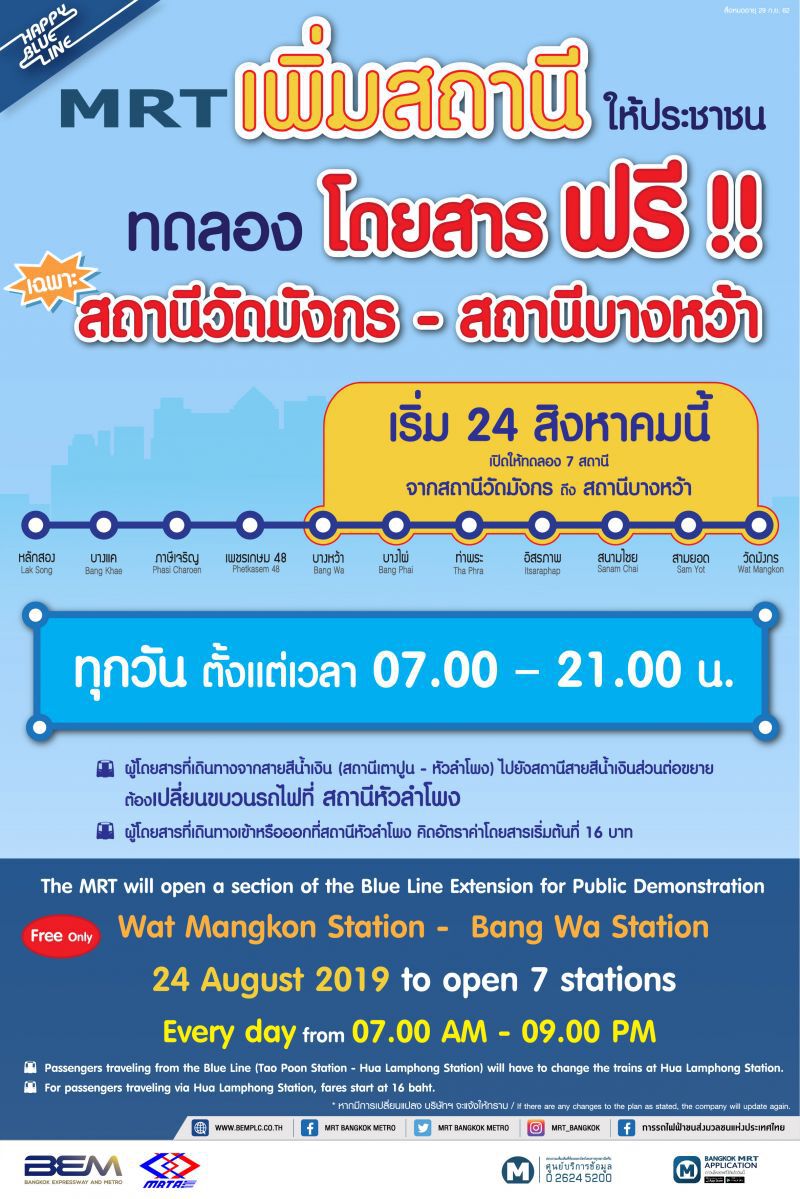 ดีเดย์ 24 สิงหานี้ เปิดเพิ่มสถานีวัดมังกร-บางหว้า