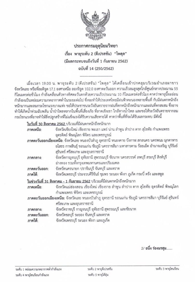 'โพดุล' อ่อนกำลังเป็นหย่อมความกดอากาศต่ำ