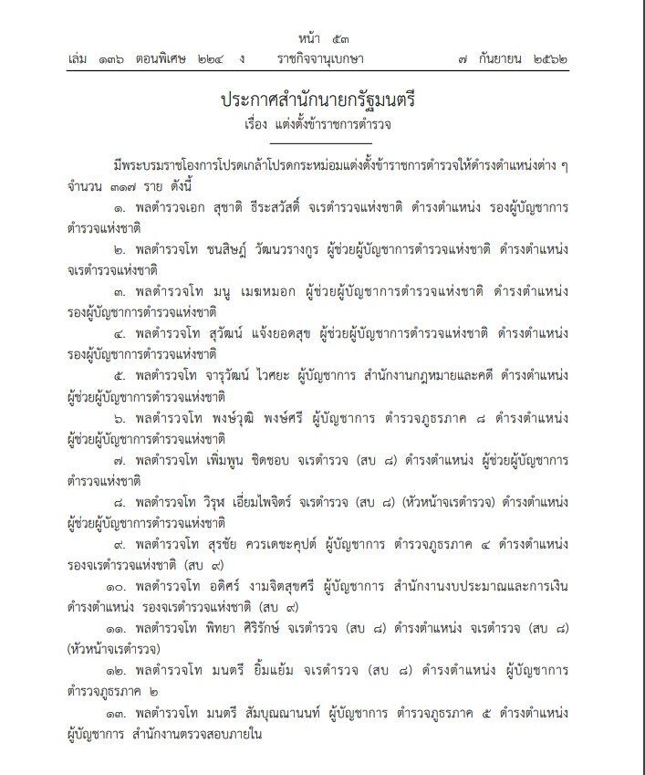 โปรดเกล้าฯ แต่งตั้งนายตำรวจ 317 ราย “พล.ต.อ.สุชาติ”ขึ้นรองผบ.ตร.