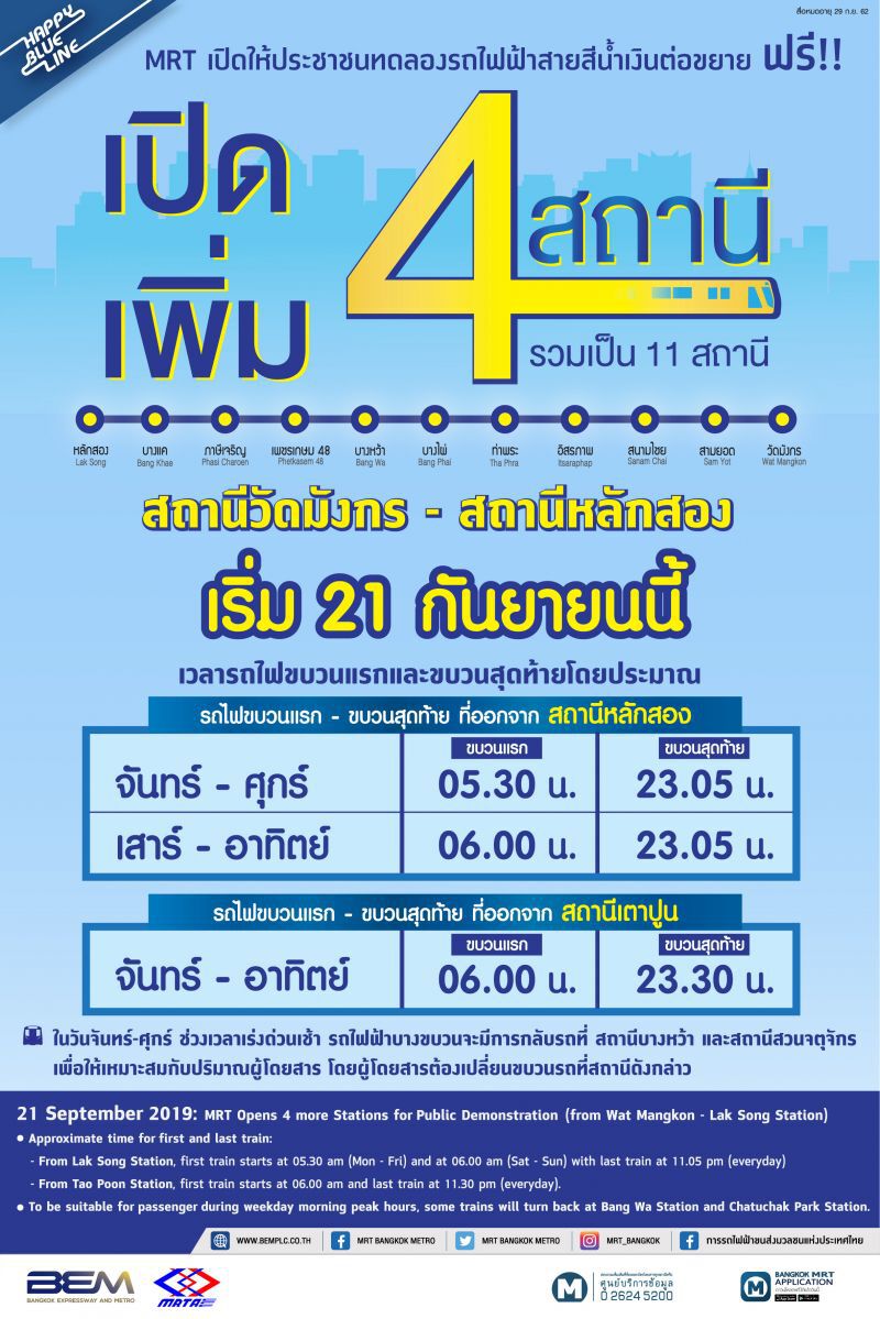  เปิดหวูด! ถึงหลักสองเริ่ม 21 ก.ย. สายสีน้ำเงินส่วนต่อขยาย