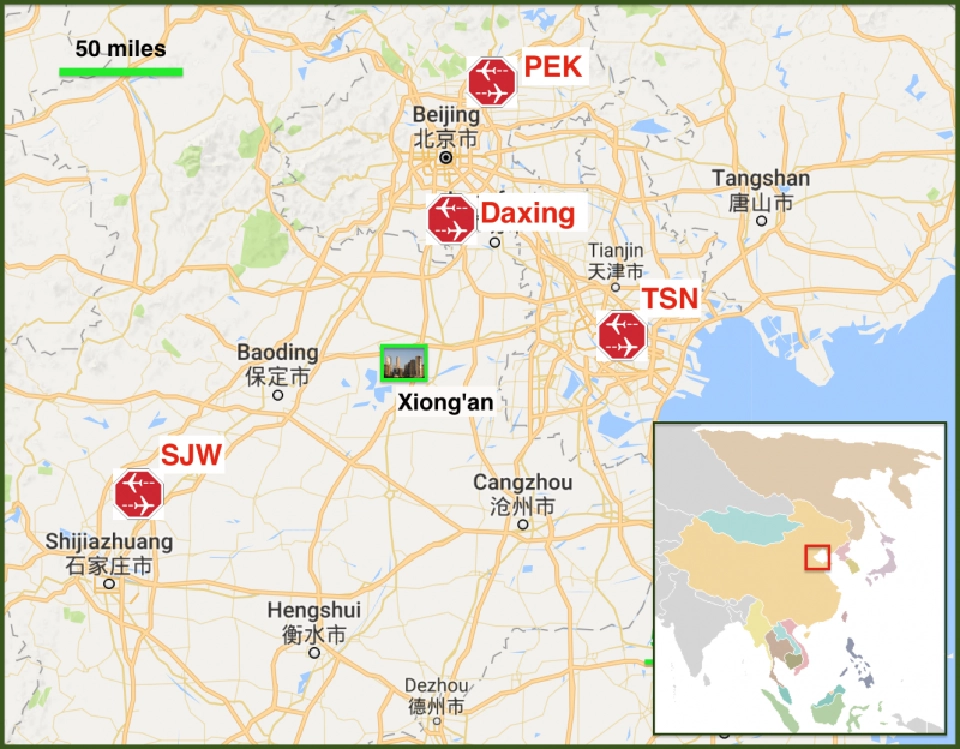แผนที่ของสนามบิน "ต้าชิง" อยู่ทางตอนใต้ของสนามบินปักกิ่ง