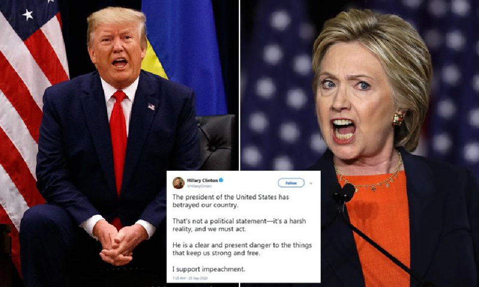 นางฮิลลารี คลินตัน ทวีตเดือดถล่มทรัมป์และสนับสนุนกระบวนการอิมพีชเมนท์