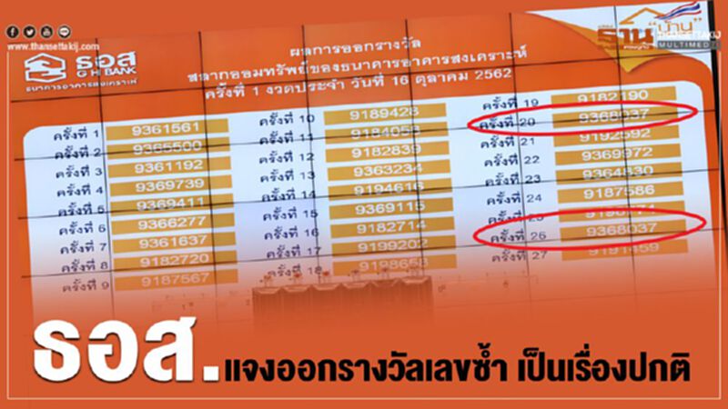 ธอส. แจงออกรางวัลเลขซ้ำ เป็นเรื่องปกติ ธอส. แจงออกรางวัลเลขซ้ำ เป็นเรื่องปกติ