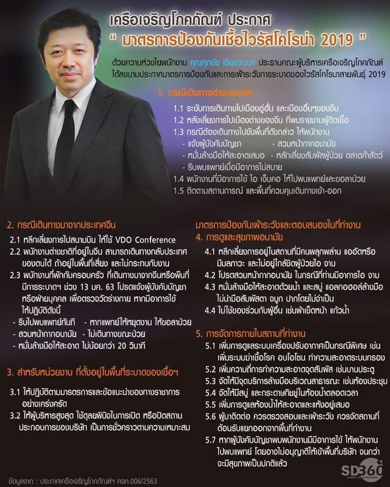 "ซีพี" ออก 5 มาตรการป้องไวรัสโคโรนา