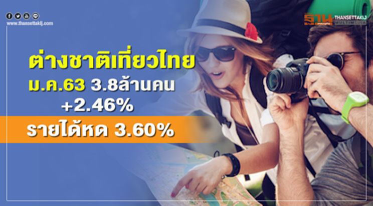 ต่างชาติเที่ยวไทยม.ค.63 3.8 ล.คน+2.46% รายได้หด3.60% ต่างชาติเที่ยวไทยม.ค.63 3.8 ล.คน+2.46% รายได้หด3.60%