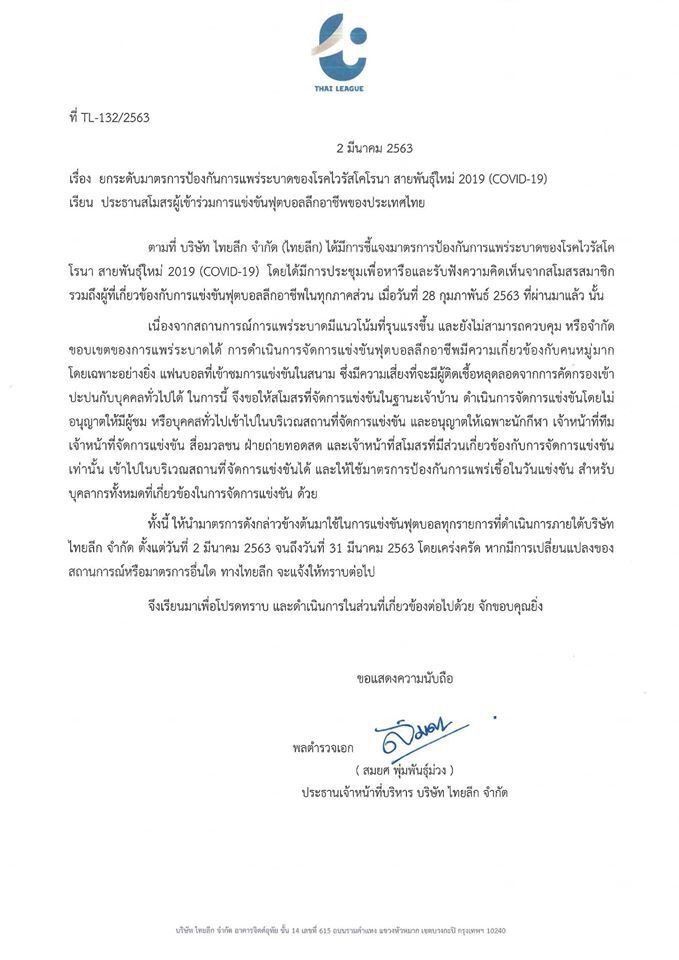 เข้มสกัดไวรัส “ไทยลีก” แข่งฟุตบอลสนามเปล่า ไร้คนดู 1 เดือน