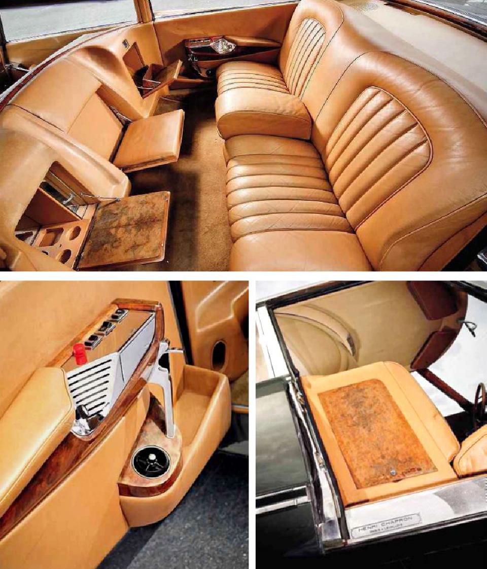 อินเตอร์คอม ที่จุดบุหรี่ ที่เขี่ยบุหรี่ กระจกไฟฟ้า เบาะไฟฟ้า หลังคาไฟฟ้า และ กลไกประตูเปิดโดยสอดฝ่ามือซ้ายเข้าในโกร่งแล้วเอานิ้วโป้งกดนก / อองรี ชาปรอง สลักชื่อไว้ที่คานรถ