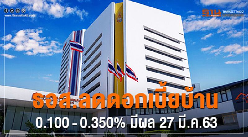 ธอส.ลดดอกเบี้ยบ้าน 0.100% - 0.350% มีผล 27 มี.ค.63 ธอส.ลดดอกเบี้ยบ้าน 0.100% - 0.350% มีผล 27 มี.ค.63
