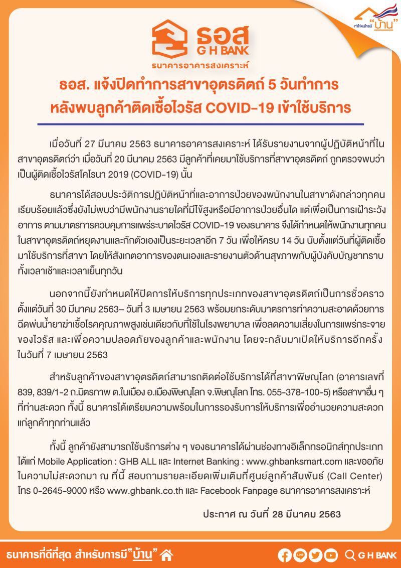 ธอส. ปิดสาขาอุตรดิตถ์ 5 วัน หลังลูกค้าติดโควิด มาใช้บริการ 