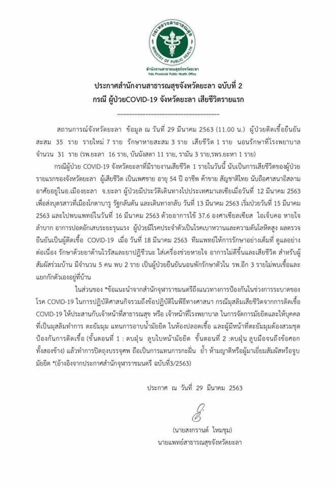 “ยะลา”เสียชีวิตรายแรก