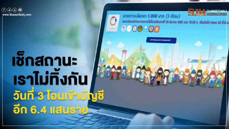 อัพเดทสถานะ"เราไม่ทิ้งกัน"วันที่ 3 โอนเข้าบัญชีอีก 6.4 แสนคน อัพเดทสถานะ"เราไม่ทิ้งกัน"วันที่ 3 โอนเข้าบัญชีอีก 6.4 แสนคน