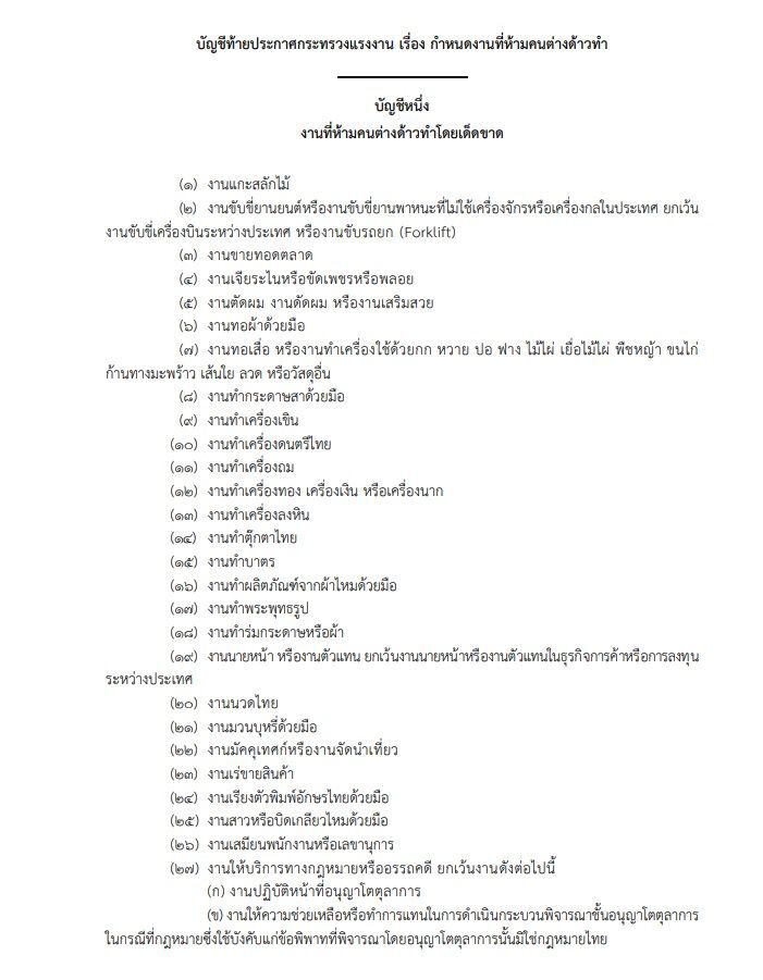 ราชกิจจาฯประกาศ 27 งาน ที่ห้ามคนต่างด้าวทำโดยเด็ดขาด
