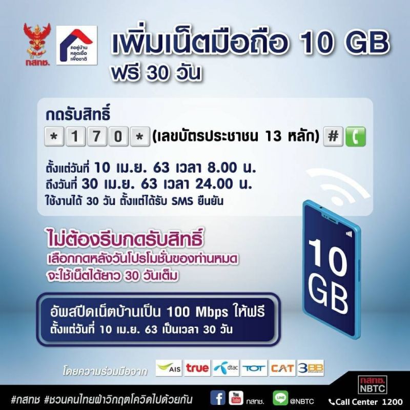อย่าลืม 30 เม.ย.วันสุดท้ายรับสิทธิ์ เน็ตฟรี 10GB
