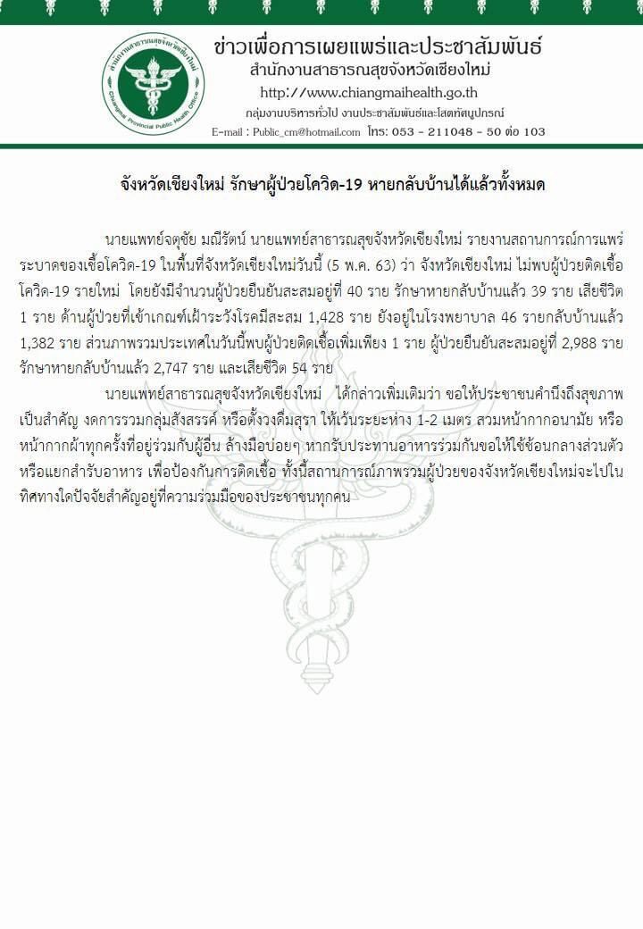 ข่าวดีเชียงใหม่รักษาผู้ป่วยโควิด-19 หายกลับบ้านหมดแล้ว